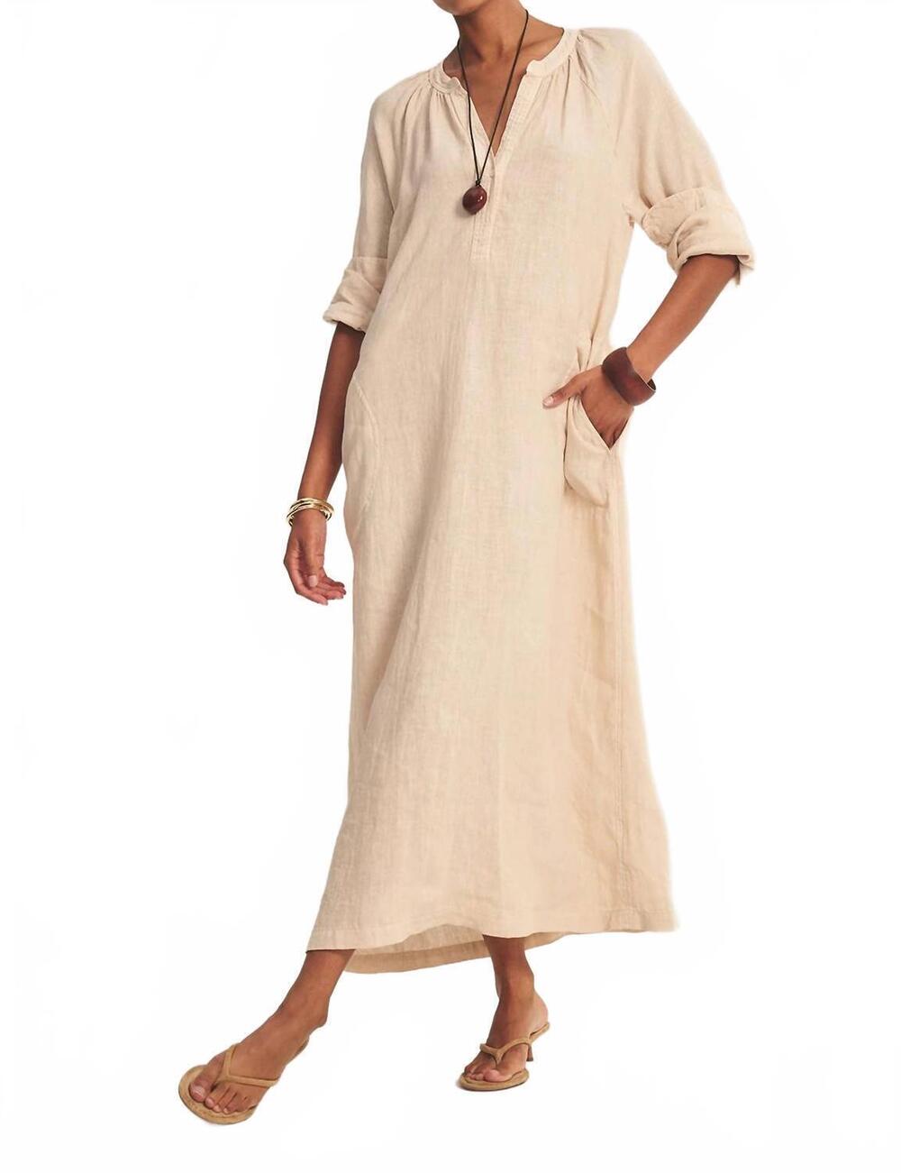 NEW VELVET BY GRAHAM & SPENCER dakota linen v-neck dress in sand castle